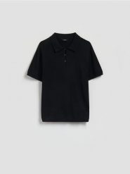 Bawełniany sweter polo - czarny. Czarne swetry przez głowę męskie Reserved, l, bez wzorów, z bawełny, bez kołnierzyka. Za 119.99 zł.