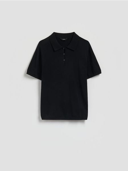 Bawełniany sweter polo - czarny. Czarne swetry przez głowę męskie Reserved, l, bez wzorów, z bawełny, bez kołnierzyka. W wyprzedaży za 39.99 zł.
