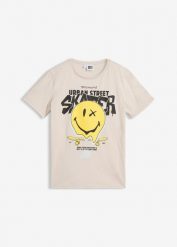 T-shirt z emotikoną z czystej bawełny organicznej. Szare koszule dla chłopców bonprix, bez wzorów, z bawełny, bez kołnierzyka, bez ramiączek. Za 64.99 zł.