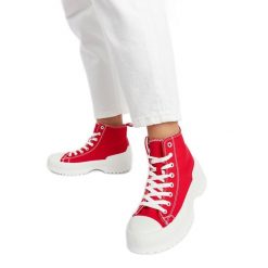Czerwone trampki za kostkę Ronchis. Czerwone trampki i tenisówki damskie bez wzorów, z tkaniny, za kostkę, bez zapięcia. Za 75.21 zł.