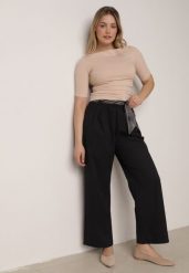 Niebieskie Eleganckie Spodnie z Bawełny i Wiskozy z Materiałowym Paskiem-Apaszką Vetina. Niebieskie szaliki i chusty damskie Born2be, bez wzorów, z bawełny, biznesowe. Za 74.99 zł.