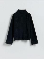 Sweter z wełną - czarny. Czarne swetry damskie Reserved, l, bez wzorów, z dzianiny, bez kołnierzyka, bez ramiączek, bez kaptura. Za 199.99 zł.