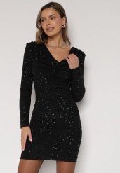 Czarna Dopasowana Sukienka Wieczorowa z Lejącym Dekoltem i Cekinami Siwedea. Czarne sukienki damskie Born2be, na imprezę, l, z aplikacjami, z poliesteru, eleganckie, bez kołnierzyka, bez ramiączek, dopasowane. Za 189.99 zł.