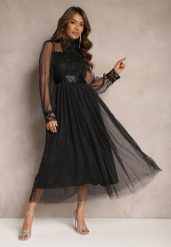Czarna Siateczkowa Sukienka Maxi o Rozkloszowanym Kroju z Ozdobną Koronką Narile. Czarne sukienki damskie Renee, s, bez wzorów, z koronki, eleganckie, bez kołnierzyka, bez ramiączek, maxi, rozkloszowane. Za 209.99 zł.