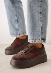 Brązowe Zamszowe Sneakersy na Grubej Podeszwie z Paskami Arathyra. Brązowe obuwie sportowe damskie Born2be, bez wzorów, z dzianiny. Za 219.99 zł.