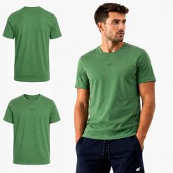 KOSZULKA MĘSKA 4F T-SHIRT SPORTOWY KOLEKCJA LIMITOWANA M3947 SS26. Zielone koszulki sportowe męskie 4f, m, bez wzorów, z bawełny, bez kołnierzyka, bez ramiączek, na fitness i siłownię. Za 54.99 zł.