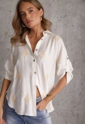 Biała Wiskozowa Koszula z Przedłużonym Tyłem Haftem i Podpinanymi Rękawami Sophora. Białe bluzki damskie Renee, na lato, l, bez wzorów, z materiału, boho, bez kołnierzyka, bez ramiączek. Za 59.99 zł.