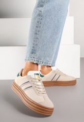 Beżowo-Zielone Sneakersy na Platformie z Minimalistycznymi Przeszyciami Teritha. Brązowe obuwie sportowe damskie Born2be, bez wzorów, z jeansu, na fitness i siłownię. Za 99.99 zł.