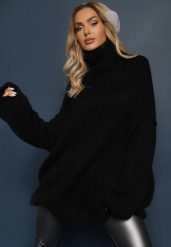 Czarny Golf o Kroju Oversize z Wełną i Moherem Temirali. Czarne swetry damskie Renee, bez wzorów, z jeansu, eleganckie, bez kołnierzyka, bez ramiączek, bez kaptura. Za 169.99 zł.
