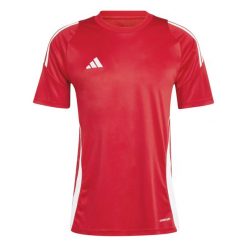 Koszulka Dorosły Adidas Tiro 24 czerwony. Białe koszulki sportowe męskie Adidas, bez wzorów, bez kołnierzyka, bez ramiączek, do piłki nożnej. Za 73.99 zł.