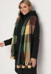 Zielony Prostokątny Szalik z Kolorowymi Pomponami Komo. Zielone szaliki i chusty damskie Born2be, bez wzorów, z bawełny. Za 44.99 zł.