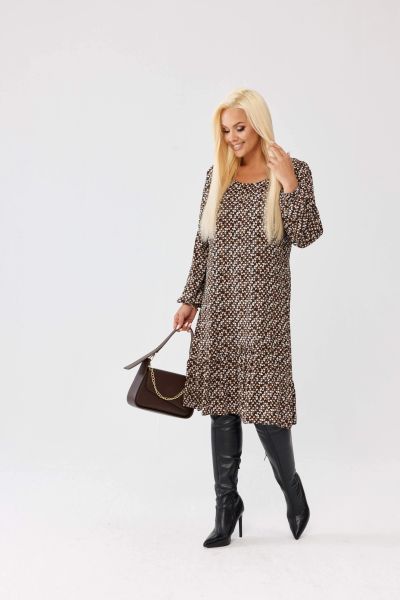 Wiskozowa sukienka Ines z geometrycznym wzorem i falbanką PLUS SIZE XXL OVERSIZE JESIEŃ. Sukienki dla dziewczynek Moda Size Plus Iwanek, na jesień, bez wzorów, ze skóry, biznesowe, bez ramiączek, długie. Za 289.90 zł.