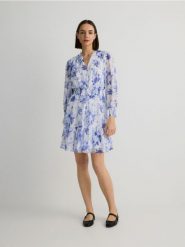 Wzorzysta sukienka mini - złamana biel. Sukienki damskie Reserved, l, bez wzorów, z tkaniny, bez kołnierzyka, bez ramiączek, mini, rozkloszowane. W wyprzedaży za 79.99 zł.