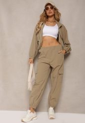 Ciemnobeżowy Komplet Dresowy Spodnie Bojówki z Gumką w Pasie i Bluza na Suwak Zakończona Ściągaczem na Dole Tiazena. Brązowe bluzy damskie Renee, l, bez wzorów, z dresówki, bez kaptura. Za 149.99 zł.