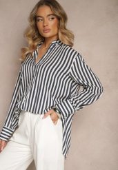 Granatowa Koszula z Bawełny w Pionowe Prążki z Cyrkoniami Jarilea. Niebieskie bluzki damskie Renee, l, bez wzorów, z bawełny, biznesowe, bez kołnierzyka, bez ramiączek. Za 89.99 zł.