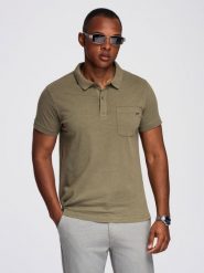Koszulka polo klasyczna z bawełnianej dzianiny – ciemnooliwkowa V5 - Rozmiar: S. Zielone koszulki polo męskie Ombre Clothing, m, bez wzorów, z bawełny, eleganckie, bez ramiączek. W wyprzedaży za 97.49 zł.