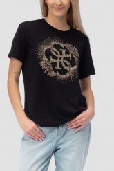 GUESS Czarny damski t-shirt na krótki rękaw z cyrkoniami Corinne, Rozmiar M. Czarne t-shirty damskie Guess, m, z aplikacjami, eleganckie, bez kołnierzyka. Za 239.99 zł.