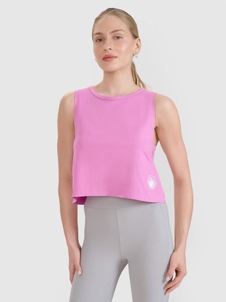 4F Top regular z nadrukiem damski - różowy S. Czerwone koszulki sportowe damskie 4f, s, bez wzorów, z bawełny, bez kołnierzyka, bez ramiączek. W wyprzedaży za 29.99 zł.