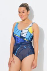 Damskie Kostium kąpielowy motyw żeglarski bez miękkich miseczek okrągły dekolt. Kostiumy jednoczęściowe damskie Ulla Popken, plus size, bez wzorów, z elastanu, sportowe, plus size, do pływania. Za 159.99 zł.