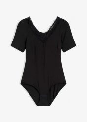 Body z rękawem 1/2, z modalu z koronką. Czarne body damskie bonprix, bez wzorów, z koronki. Za 89.99 zł.