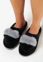 Czarne Kapcie z Futrzanym Pomponem Mabira. Czarne kapcie damskie Born2be, bez wzorów, z dzianiny. Za 29.99 zł.