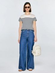 Koszulka damska w paski granatowo-beżowa Norisa 403. Niebieskie t-shirty damskie Big Star, l, bez wzorów, z dzianiny, bez kołnierzyka. Za 99.99 zł.