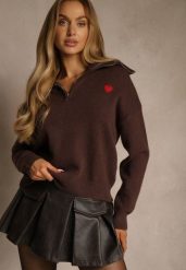 Brązowy Sweter z Wełną Wiskozą i Bawełną z Sercem Monisella. Brązowe swetry damskie Renee, m, bez wzorów, z bawełny, casualowe, bez kołnierzyka, bez ramiączek, bez kaptura. Za 129.99 zł.