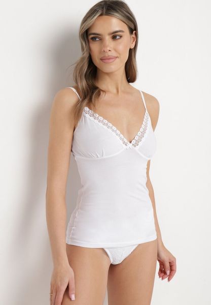 Biały Bawełniany Top na Cienkich Ramiączkach z Ozdobną Koronką Rosad. Białe bluzki damskie Born2be, l, z aplikacjami, z bawełny, wizytowe, bez kołnierzyka, bez ramiączek. Za 24.99 zł.