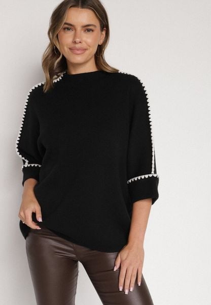 Czarny Sweter z Kontrastową Lamówką Tuselle. Czarne swetry damskie Born2be, bez wzorów, z jeansu, biznesowe, bez kołnierzyka, bez ramiączek, bez kaptura. Za 109.99 zł.