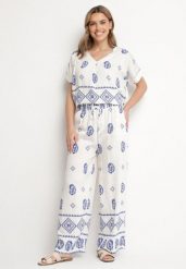 Niebiesko-Biały Bawełniany Komplet Koszula i Szerokie Spodnie w Stylu Boho Ollirive. Niebieskie koszule damskie Born2be, na lato, l, z aplikacjami, z bawełny, boho, bez kołnierzyka, bez ramiączek. Za 64.99 zł.