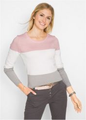 Sweter w stylu color-blocking. Czerwone swetry damskie bonprix, bez wzorów, z dzianiny, bez kołnierzyka, bez ramiączek, długie, bez kaptura. Za 94.99 zł.