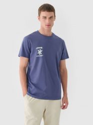 4F T-shirt regular z nadrukiem męski - niebieski S. Niebieskie koszulki sportowe męskie 4f, m, bez wzorów, z bawełny, klasyczne, bez kołnierzyka. W wyprzedaży za 29.99 zł.