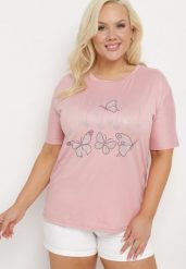Jasnoróżowy T-shirt z Ozdobnym Nadrukiem i Cyrkoniami Moariss. Czerwone bluzki damskie Born2be, l, z aplikacjami, z jeansu, eleganckie, bez kołnierzyka. Za 34.99 zł.