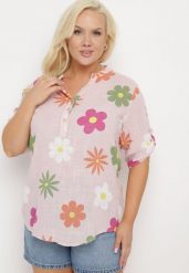 Różowa Koszula z Lnu i Bawełny w Kwiaty z Krótkim Rękawem Ambubia. Czerwone bluzki damskie Born2be, na lato, plus size, bez wzorów, z bawełny, bez kołnierzyka, plus size, bez ramiączek. Za 79.99 zł.