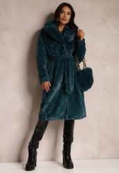Ciemnozielony Płaszcz Futrzany Teddy z Wiązanym Paskiem i Torebką Voda. Zielone torebki do ręki damskie Renee, bez wzorów, z futra, eleganckie, futrzane, bez dodatków. Za 349.99 zł.