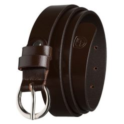 Skórzany pasek damski w brązowym kolorze ze srebrną, klasyczną klamrą - Peterson. Brązowe paski damskie Peterson, bez wzorów, ze skóry, eleganckie. Za 45.00 zł.