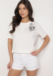 Biały T-shirt z Bawełny Zdobiony Nadrukiem z Cyrkoniami Telerea. Białe bluzki damskie Born2be, l, z aplikacjami, z bawełny, eleganckie, bez kołnierzyka. Za 34.99 zł.