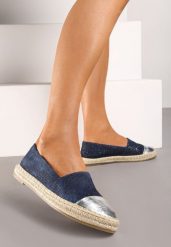 Granatowe Espadryle z Ozdobnym Noskiem na Plecionej Podeszwie Effiel. Niebieskie espadryle damskie Renee, na lato, bez wzorów, z jeansu, eleganckie, bez obcasa, bez zapięcia. Za 39.99 zł.