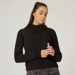 Bluza na zamek damska Nyamba Gym & Pilates 500. Czarne bluzy damskie DOMYOS, na jesień, l, bez wzorów, z bawełny, bez kaptura. Za 99.99 zł.