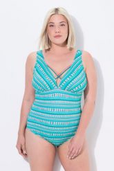 Damskie Strój kąpielowy paski miękkie miseczki ozdobne tasiemki. Niebieskie kostiumy jednoczęściowe damskie Ulla Popken, plus size, bez wzorów, z elastanu, plus size, do pływania. Za 239.99 zł.