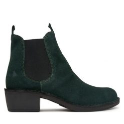 Botki Fly London. Zielone botki damskie Fly London, bez obcasa, na słupku, bez zapięcia. Za 664.99 zł.