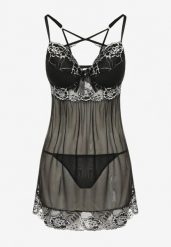 Czarna Koszula Nocna z Ozdobną Koronką i Stringami Ruscus. Czarne koszule nocne damskie Renee, s, bez wzorów, z koronki. Za 44.99 zł.