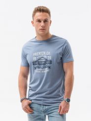 T-shirt męski z nadrukiem - niebieski V-20C S1434 - XXL. Niebieskie t-shirty męskie Ombre Clothing, m, bez wzorów, z bawełny, klasyczne, bez kołnierzyka. W wyprzedaży za 29.99 zł.