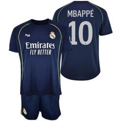 Real Madryt komplet koszulka spodenki junior Mbappe box granatowy. Niebieskie koszulki sportowe męskie Real Madrid, bez wzorów, z materiału, do piłki nożnej. Za 254.99 zł.