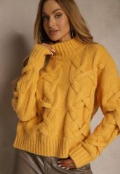 Żółty Golf z Dodatkiem Wełny ze Strukturalnym Splotem Fedansa. Żółte swetry damskie Renee, z aplikacjami, z jeansu, klasyczne, bez kołnierzyka, bez ramiączek, długie, bez kaptura. Za 169.99 zł.