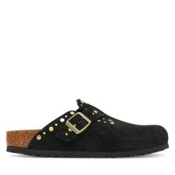 Klapki Birkenstock. Czarne klapki damskie Birkenstock, bez wzorów, bez obcasa. Za 649.99 zł.