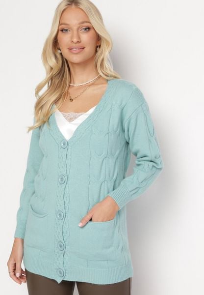 Miętowy Kardigan o Wydłużonym Fasonie z Ozdobnym Wzorem Dzianiny Gerwine. Zielone kardigany damskie Born2be, bez wzorów, z dzianiny, długie. Za 89.99 zł.