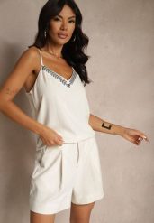 Beżowy Wiskozowy Top na Ramiączkach z Lnem Zdobiony Haftem Zireia. Brązowe bluzki damskie Renee, m, z aplikacjami, z jeansu, eleganckie, bez kołnierzyka, bez ramiączek. Za 49.99 zł.