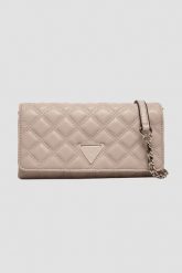 GUESS Damski portfel na łańcuszku w kolorze taupe Giully II Mini. Brązowe portfele damskie Guess, z aplikacjami, z materiału. W wyprzedaży za 387.99 zł.