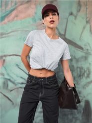 Koszulka - szary. Szare t-shirty damskie Sinsay, l, bez wzorów, z bawełny, bez kołnierzyka. Za 9.99 zł.